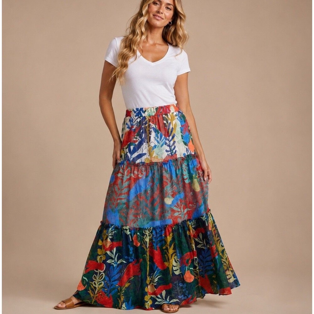 Hutch Anthropologie Tropical Floral Tiered Maxi Skirt M Lined Pockets Boho